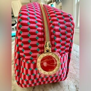 Bvlgari Red, Pink, Green Pouch with Gold SEALED Front Plate. Zipper pull SEALED
